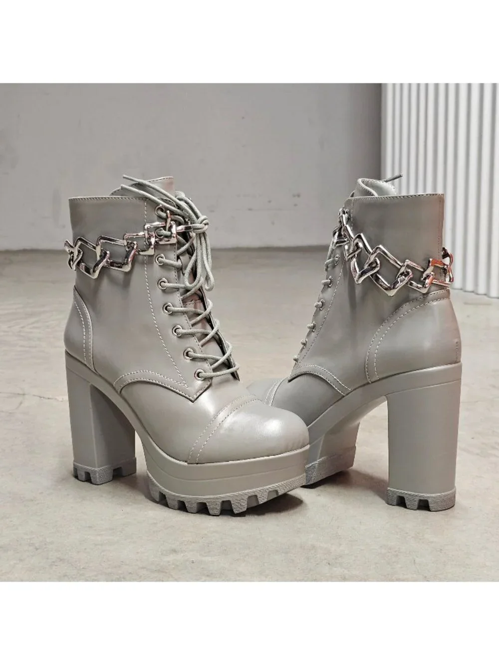 Chunky Platform Lace-Up Ankle Boots With Chain Detail In Light Olive Faux Leathe